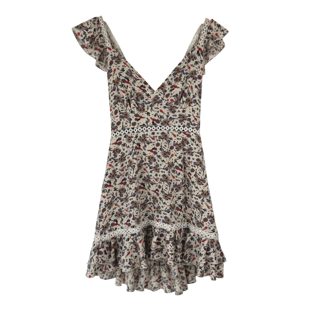 Zaful Floral High Low Dress XL Cream Boho Flutter Sleeve Lace Trim NWT